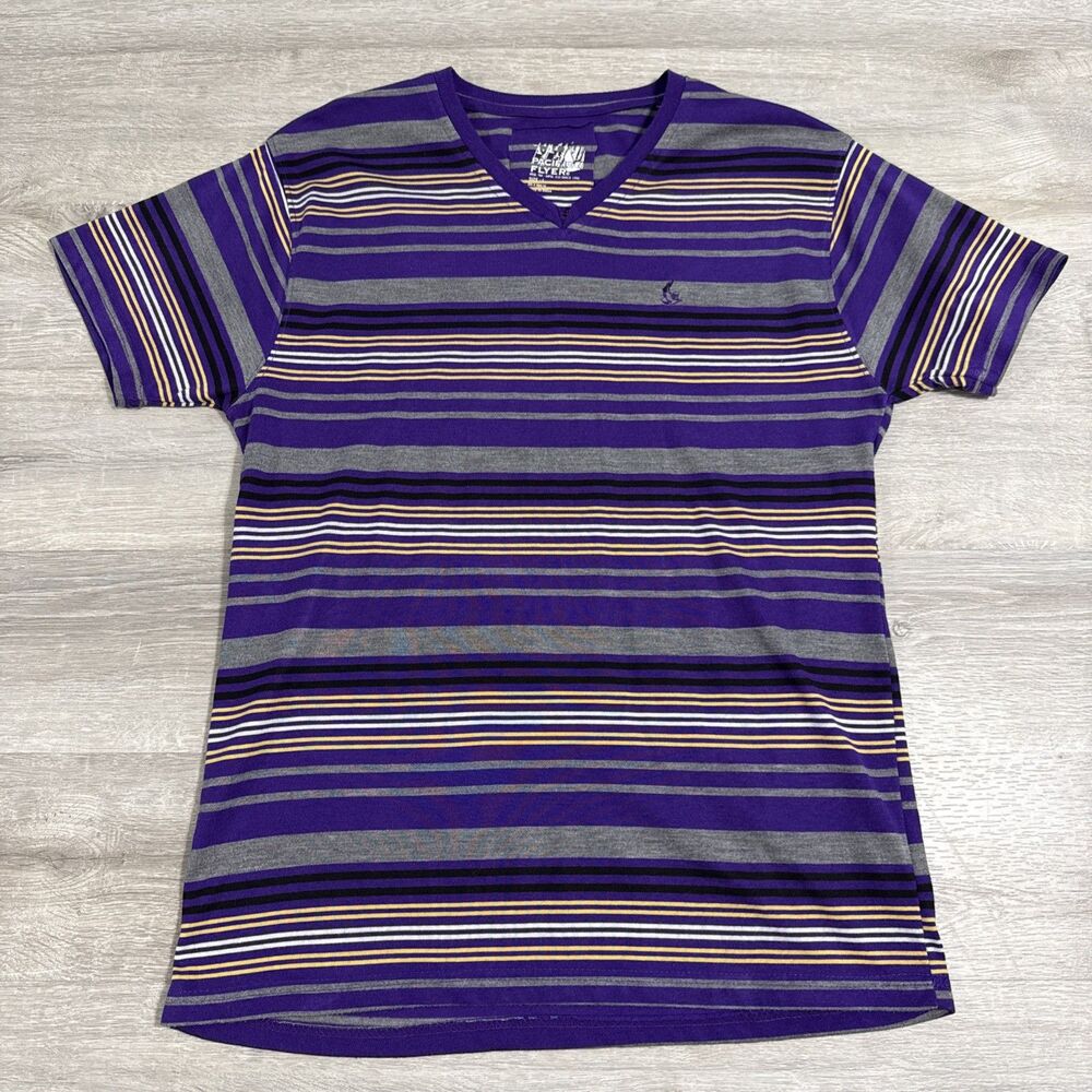 Pacific Flyer Shirt Men's Purple Gray Striped V Neck Short Sleeve Large Cotton